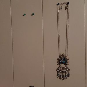 Silver and turquoise bead necklace and earring set